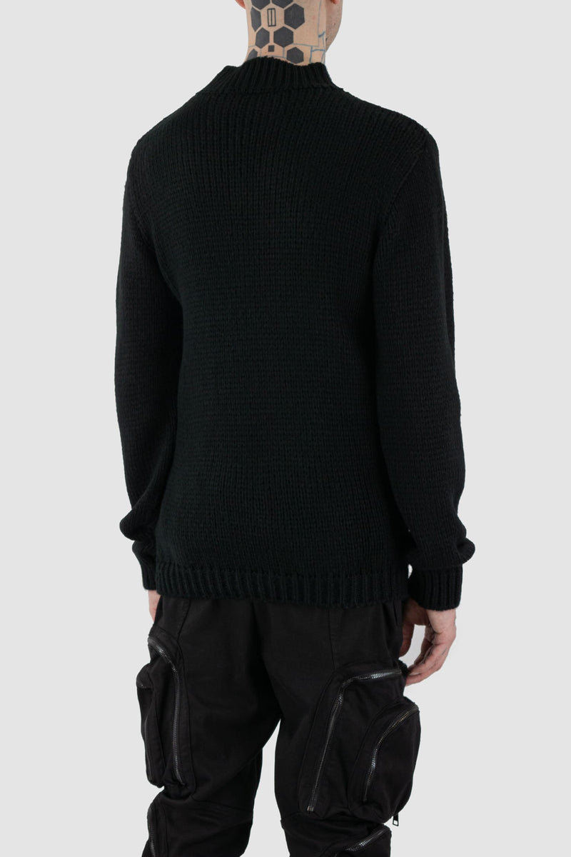 La Haine Inside Us - back side view of black wool blend knit sweater for men from the FW24 collection with a thicker neck, hem- and cuffs and a straight fit.