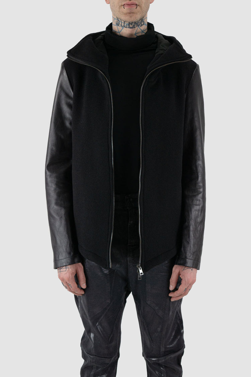 La Haine Inside Us - open front view of black wool jacket with hood and leather Sleeves for Men from the FW24 Collection with two way zipper.