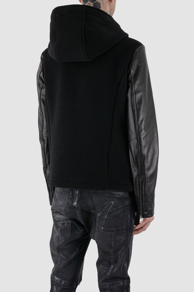 La Haine Inside Us - back right view of black wool jacket with hood and leather Sleeves for Men from the FW24 Collection with two way zipper.