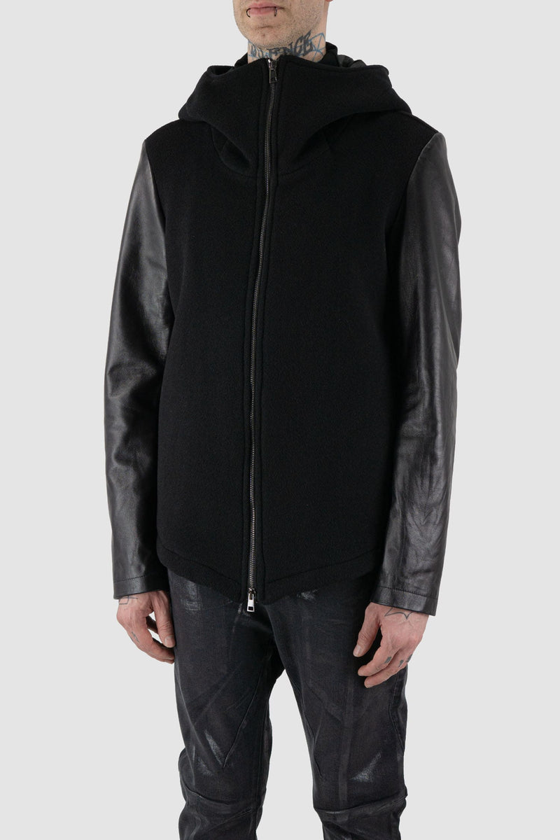 La Haine Inside Us - front right view of black wool jacket with hood and leather Sleeves.