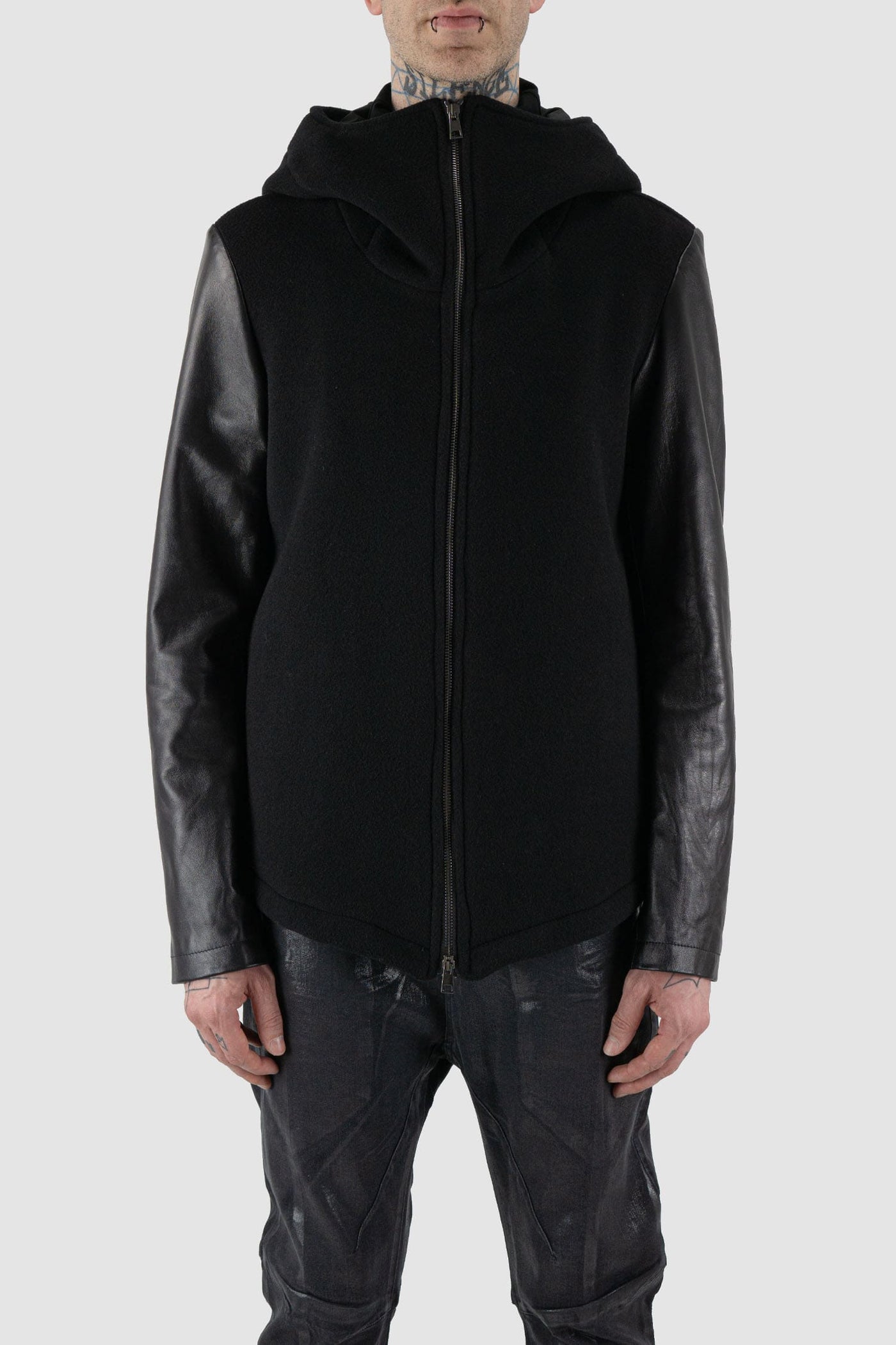 La Haine Inside Us Wool Jacket with Hood and Leather Sleeves