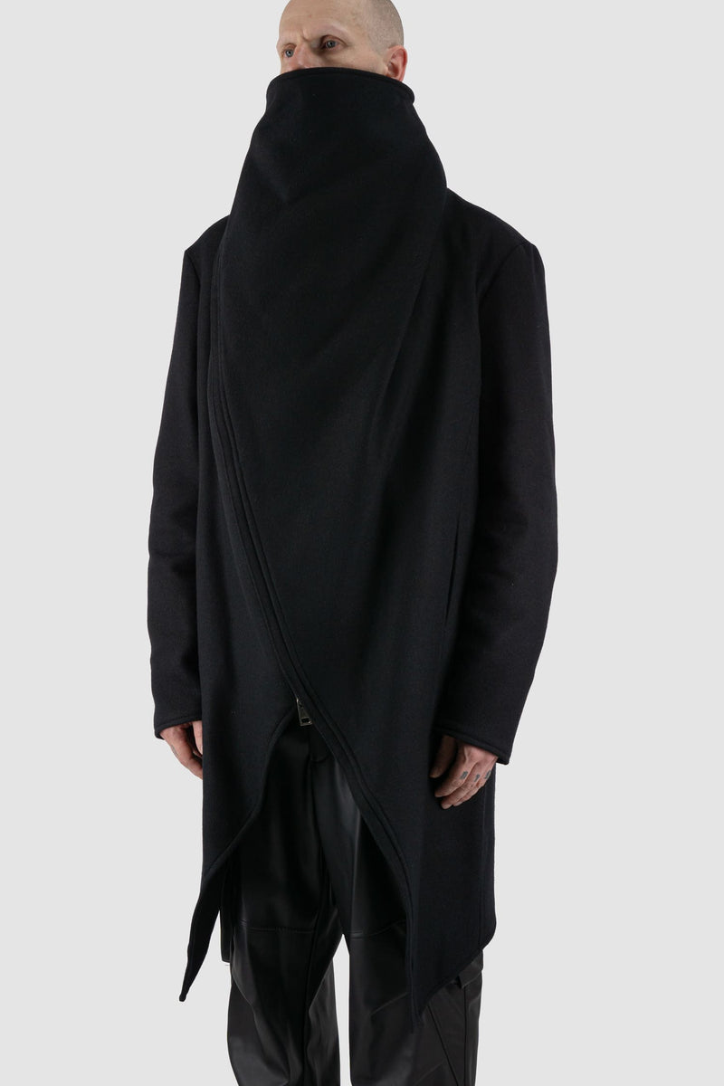 La Haine Inside Us - Front side view of black men's asymmetric wool blend coat.