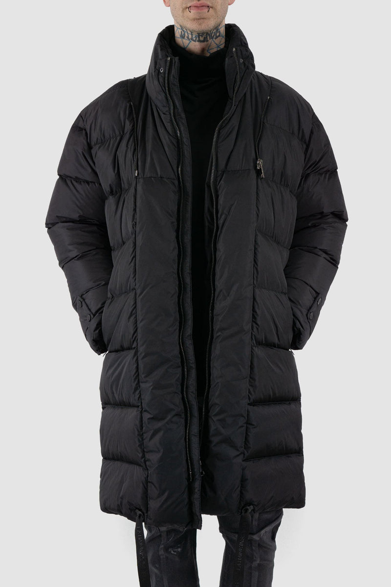 La Haine Inside Us - Front open view of black men's long padded puffer coat with detachable hood, zippered pockets, two-way zipper, FW24 collection.