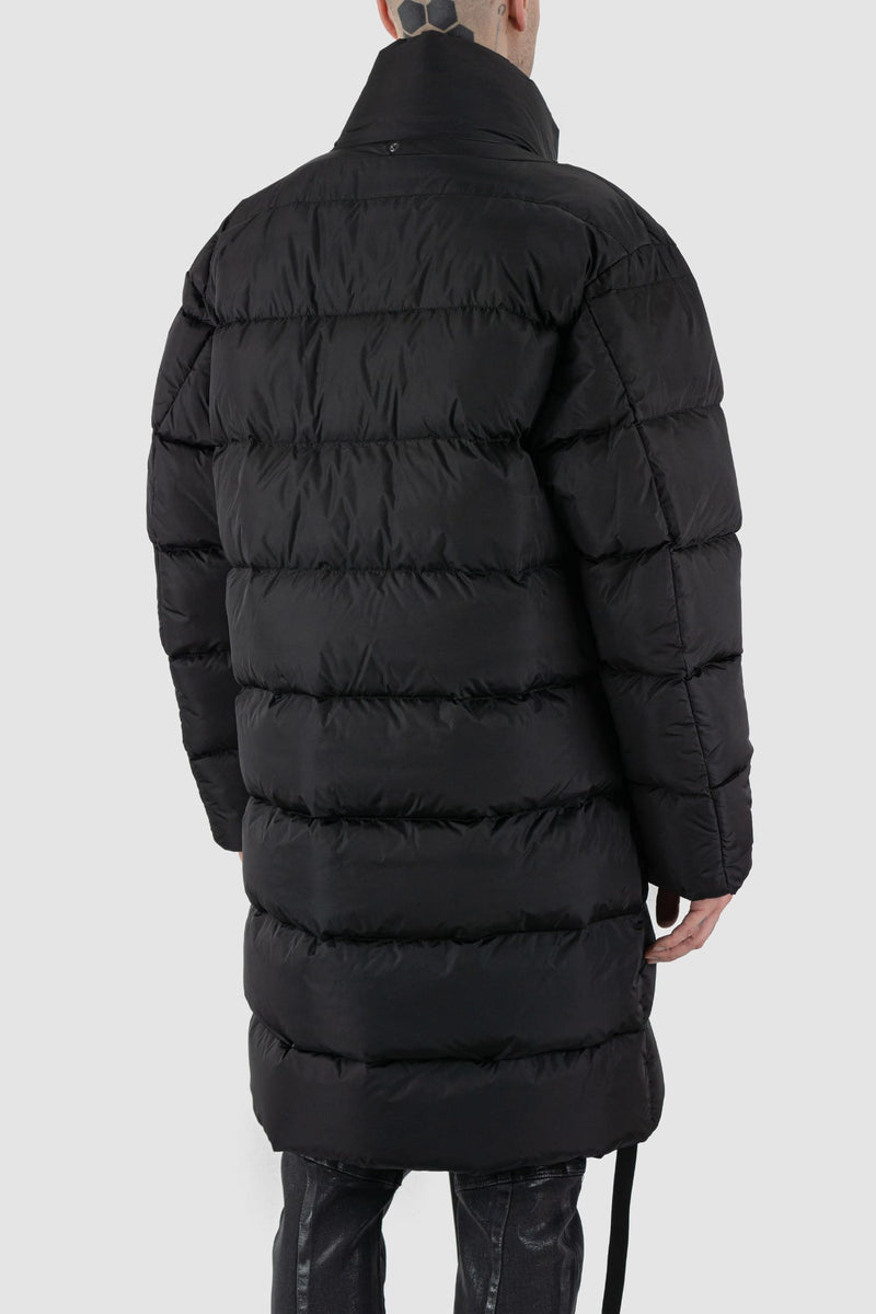 La Haine Inside Us - Back side view of black men's long padded puffer coat with detachable hood, zippered pockets, two-way zipper, FW24 collection.