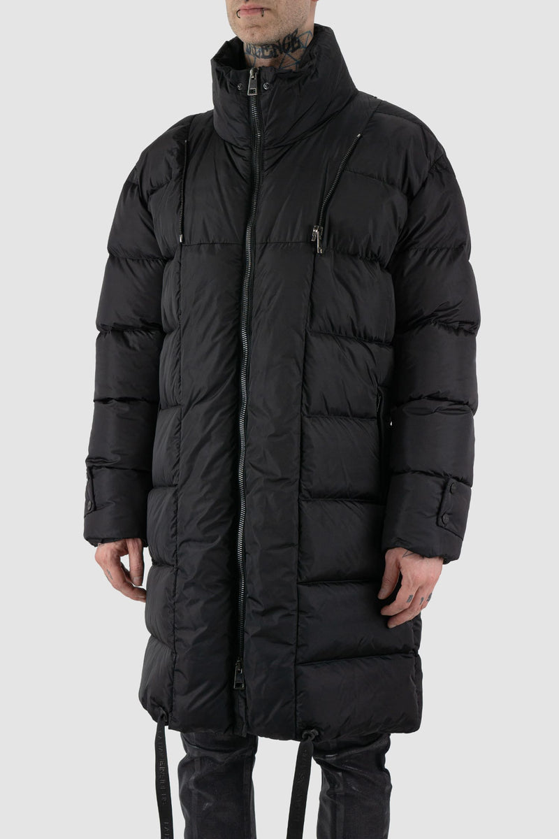 La Haine Inside Us - side without view of black men's long padded puffer coat with detachable hood, zippered pockets, two-way zipper, FW24 collection.