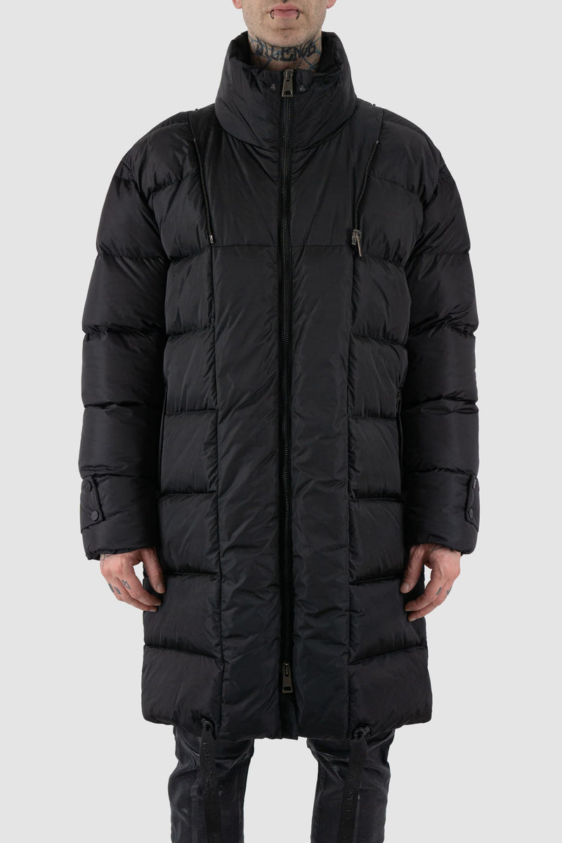 La Haine Inside Us - Front without hood view of black men's long padded puffer coat with detachable hood, zippered pockets, two-way zipper, FW24 collection.