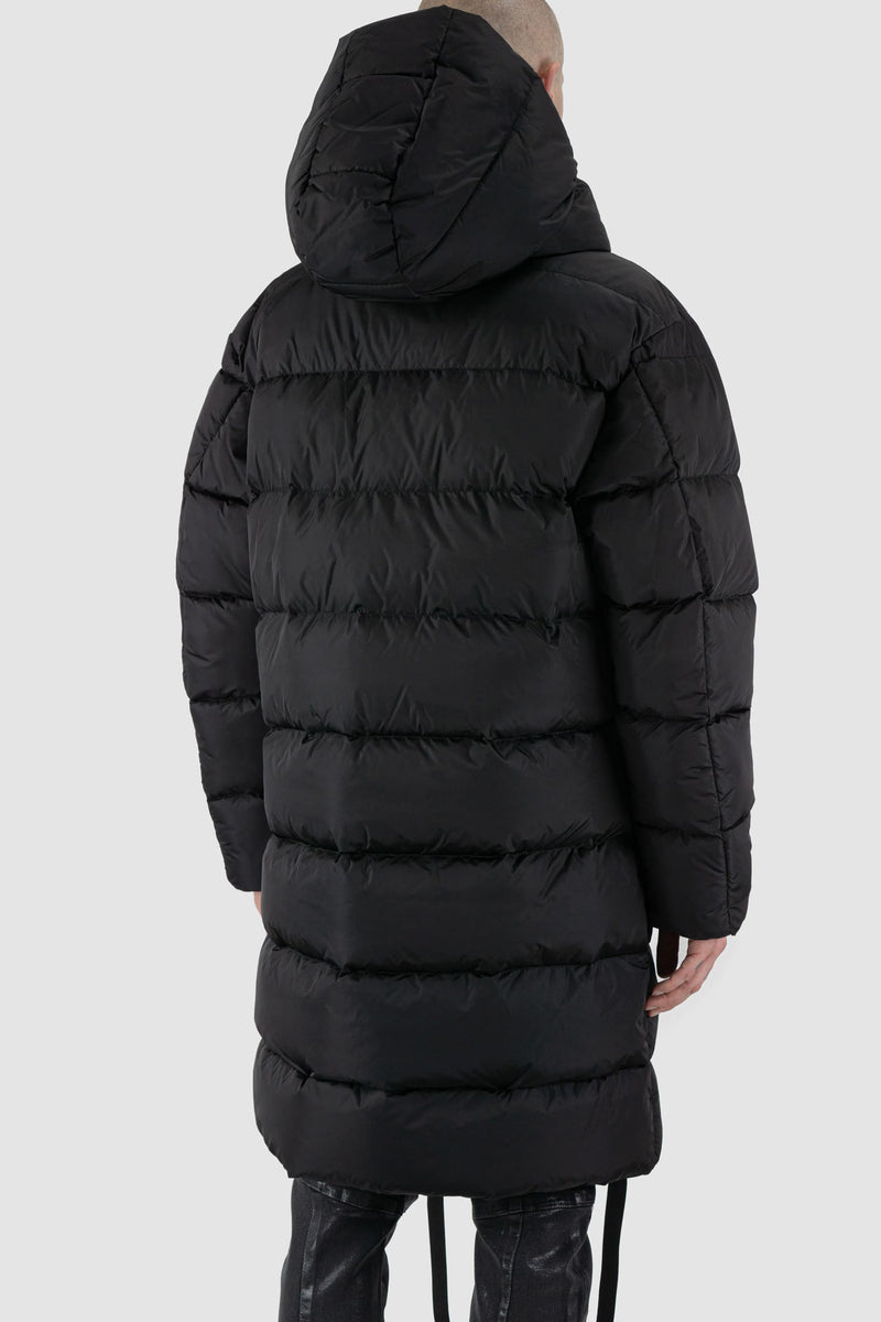 La Haine Inside Us - back side view of black men's long padded puffer coat with detachable hood, zippered pockets, two-way zipper, FW24 collection.