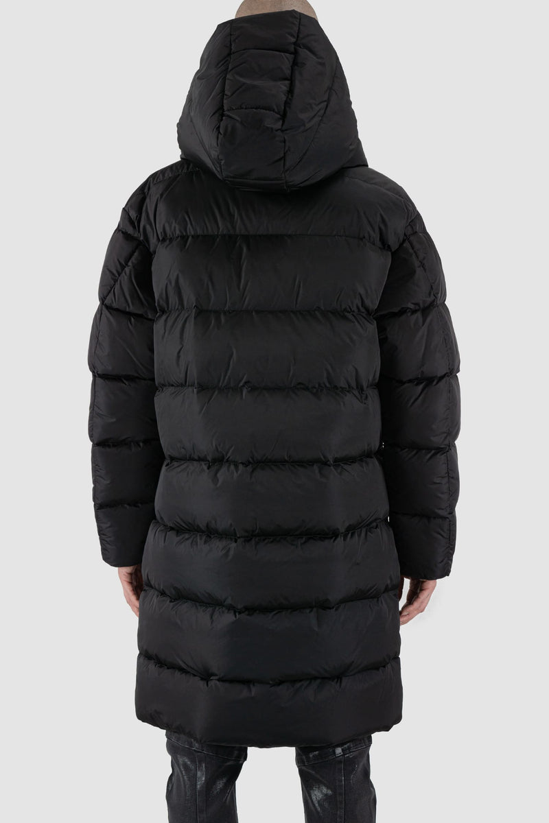 La Haine Inside Us - back view of black men's long padded puffer coat with detachable hood, zippered pockets, two-way zipper, FW24 collection.