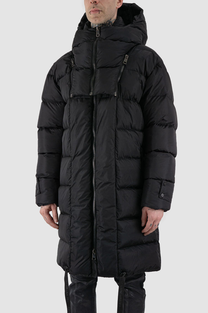 La Haine Inside Us - Front side view of black men's long padded puffer coat.