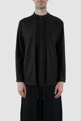 La Haine Inside Us - Front view of black men's overlapping mandarin collar shirt with covered front button placket, straight cut, FW24 collection.