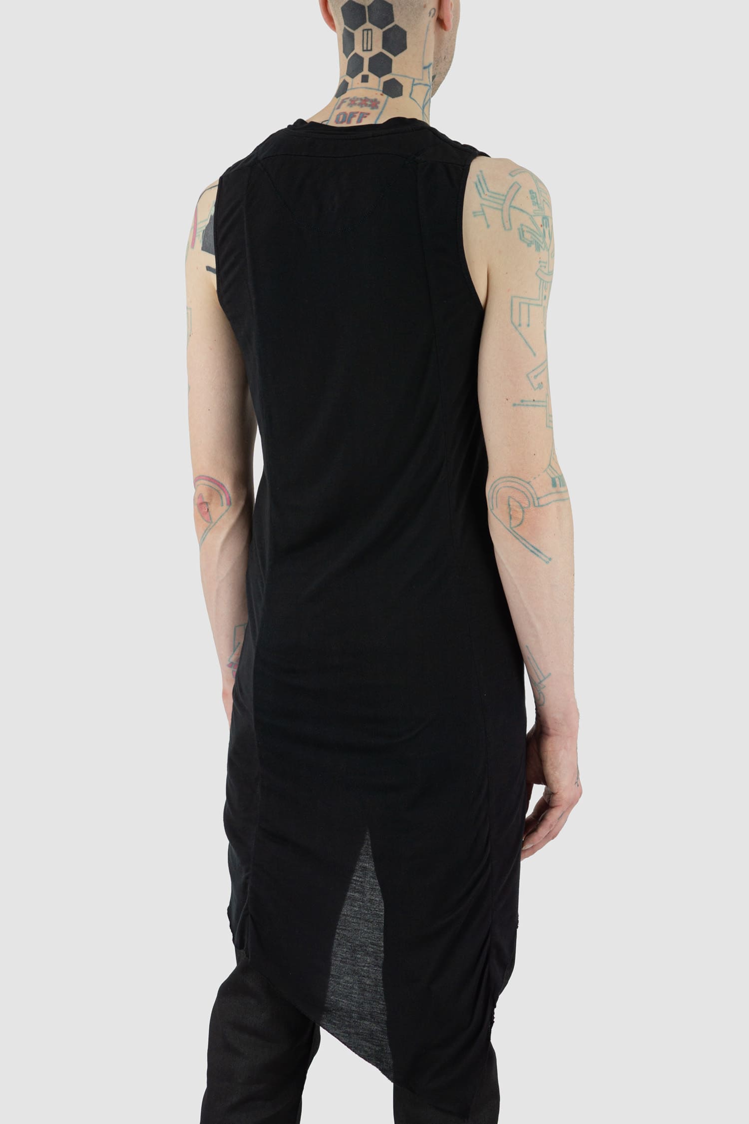 Leon Louis - back side view of black Amber muscle tank top with wide shoulders, loose fit, men's Permanent Collection.