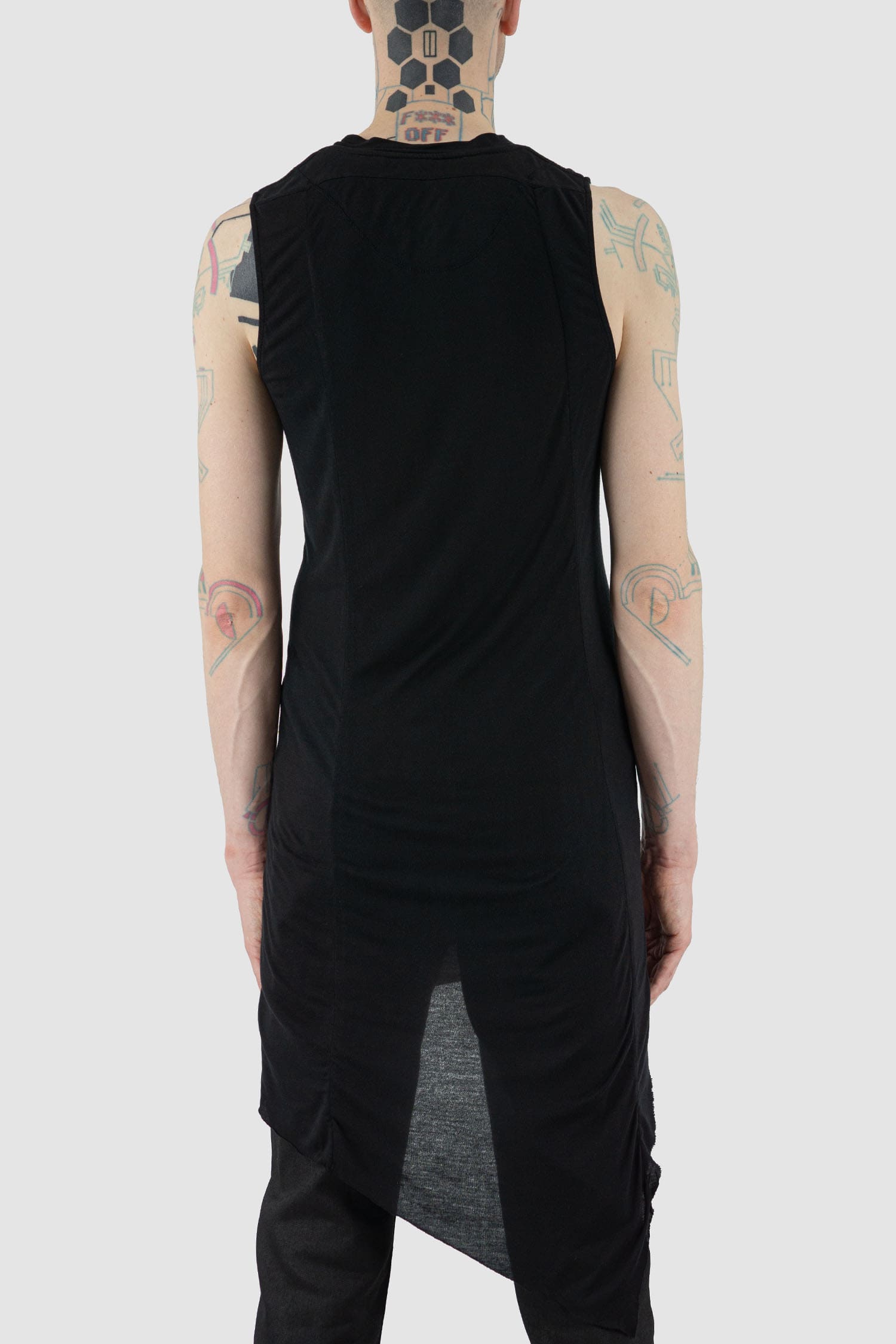 Leon Louis - back view of black Amber muscle tank top with wide shoulders, loose fit, men's Permanent Collection.