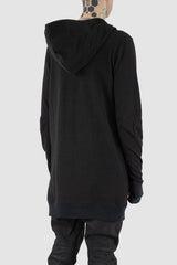 Leon Louis - back side view of black cotton bulk hood sweater with thumbhole details, kangaroo pockets, men's Permanent Collection.