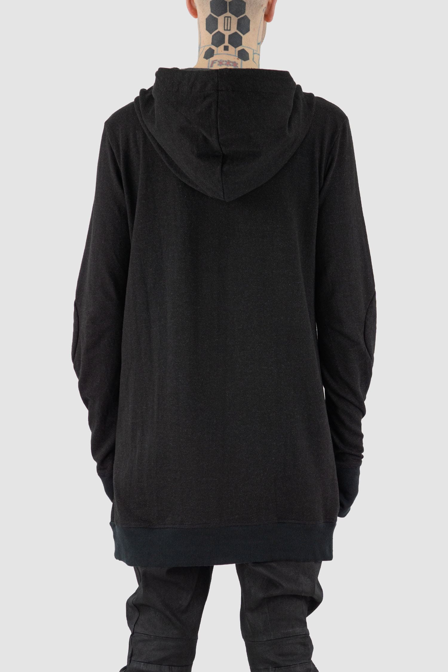 Leon Louis - back view of black cotton bulk hood sweater with thumbhole details, kangaroo pockets, men's Permanent Collection.