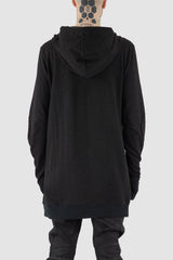 Leon Louis - back view of black cotton bulk hood sweater with thumbhole details, kangaroo pockets, men's Permanent Collection.