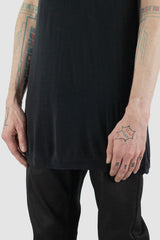 Leon Louis - hem view of black Tencel Ennom T-shirt with straight clean cut, relaxed shape, men's Permanent Collection.