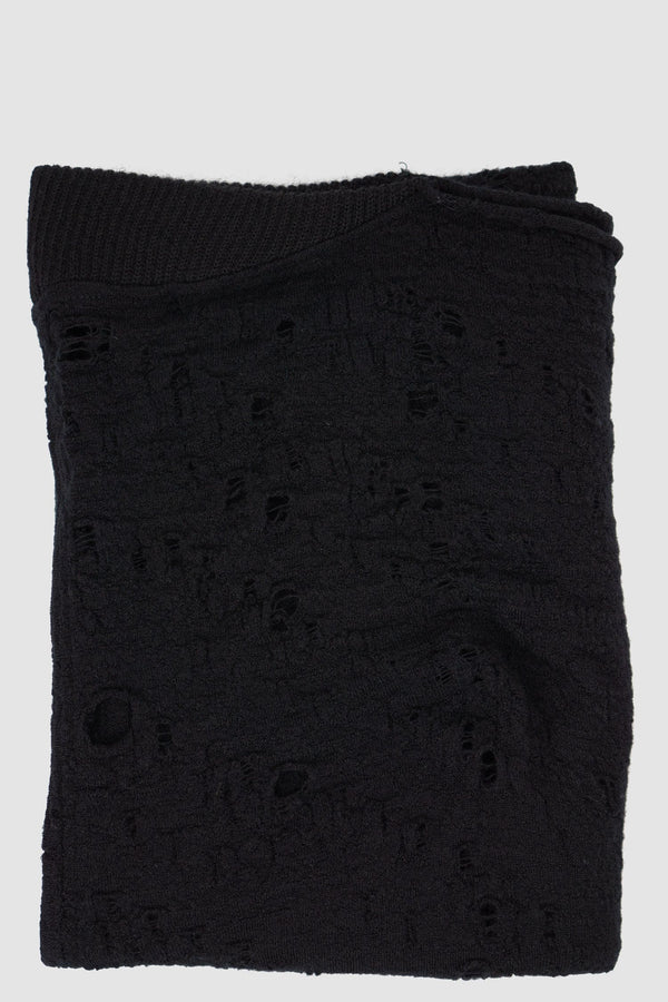 Leon Louis - Front view of black merino wool rib scarf with hand-cooked wool rib details, raw edges, men's Permanent Collection.