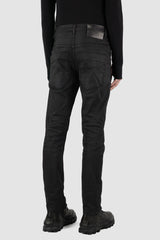 Leon Louis - back side view of black waxed dart cut denim jeans, five pockets, slim fit, men's Permanent Collection.