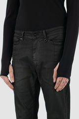 Leon Louis - detail view of black waxed dart cut denim jeans, five pockets, slim fit, men's Permanent Collection.