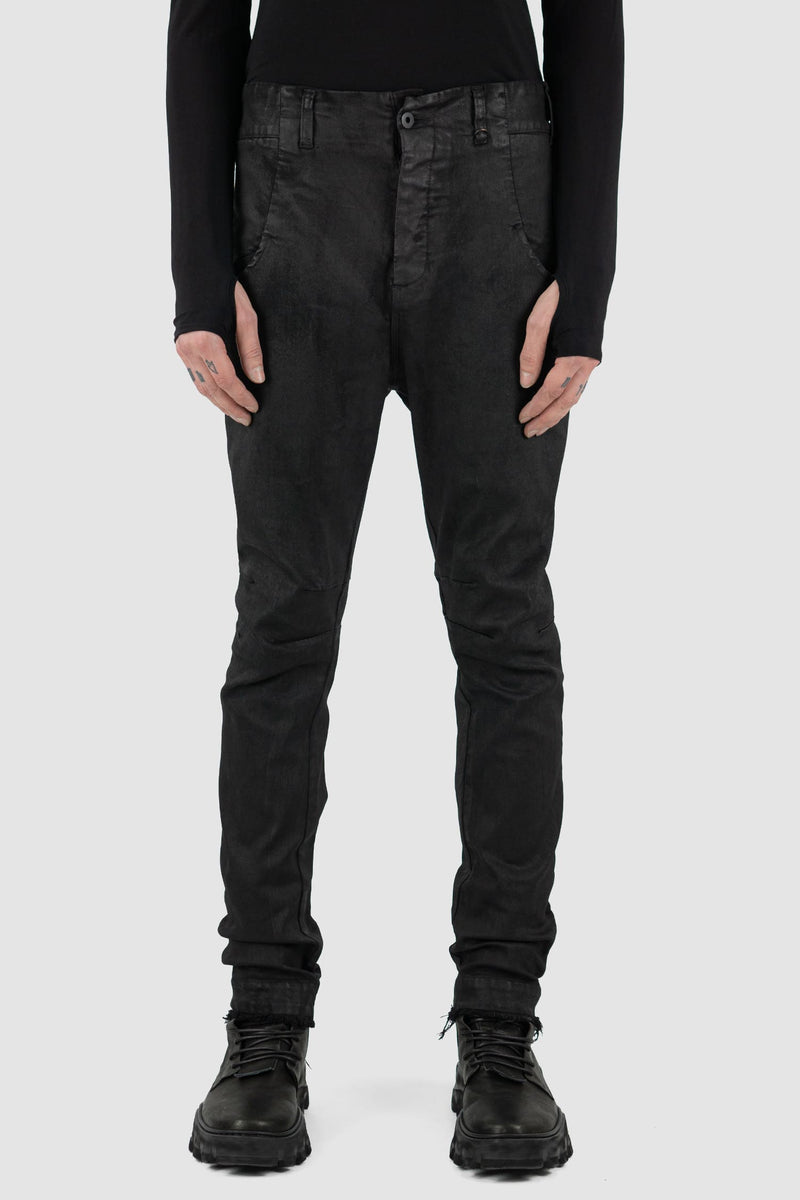 Leon Louis - Front view of black waxed Xeon shaped line denim jeans, slim fit, men's Permanent Collection.