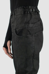 Leon Louis - Pocket detail view of black waxed Xeon shaped line denim jeans, slim fit, men's Permanent Collection.