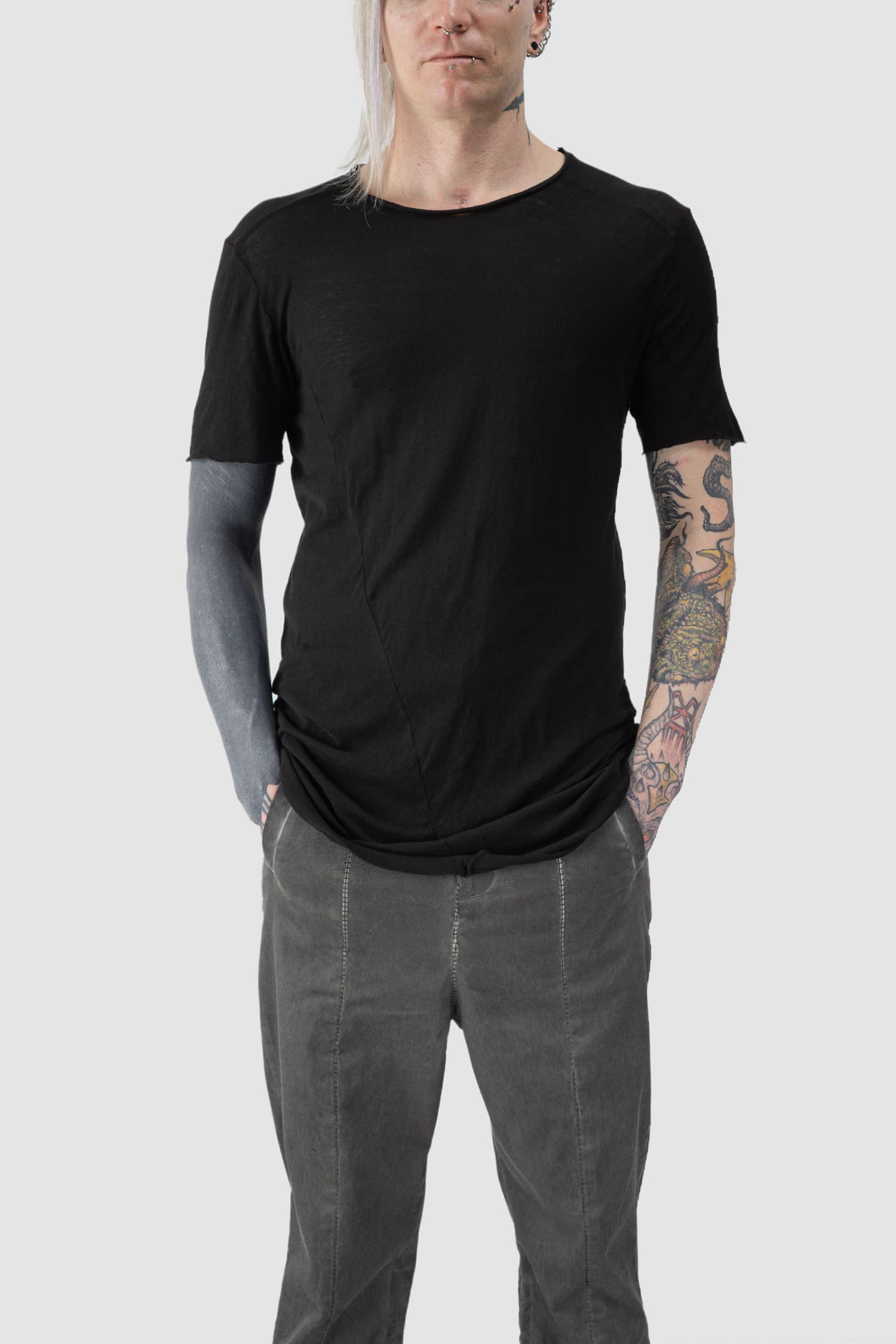 MD75 - relaxed model view of black Asymmetric Seam Light Cotton T-Shirt