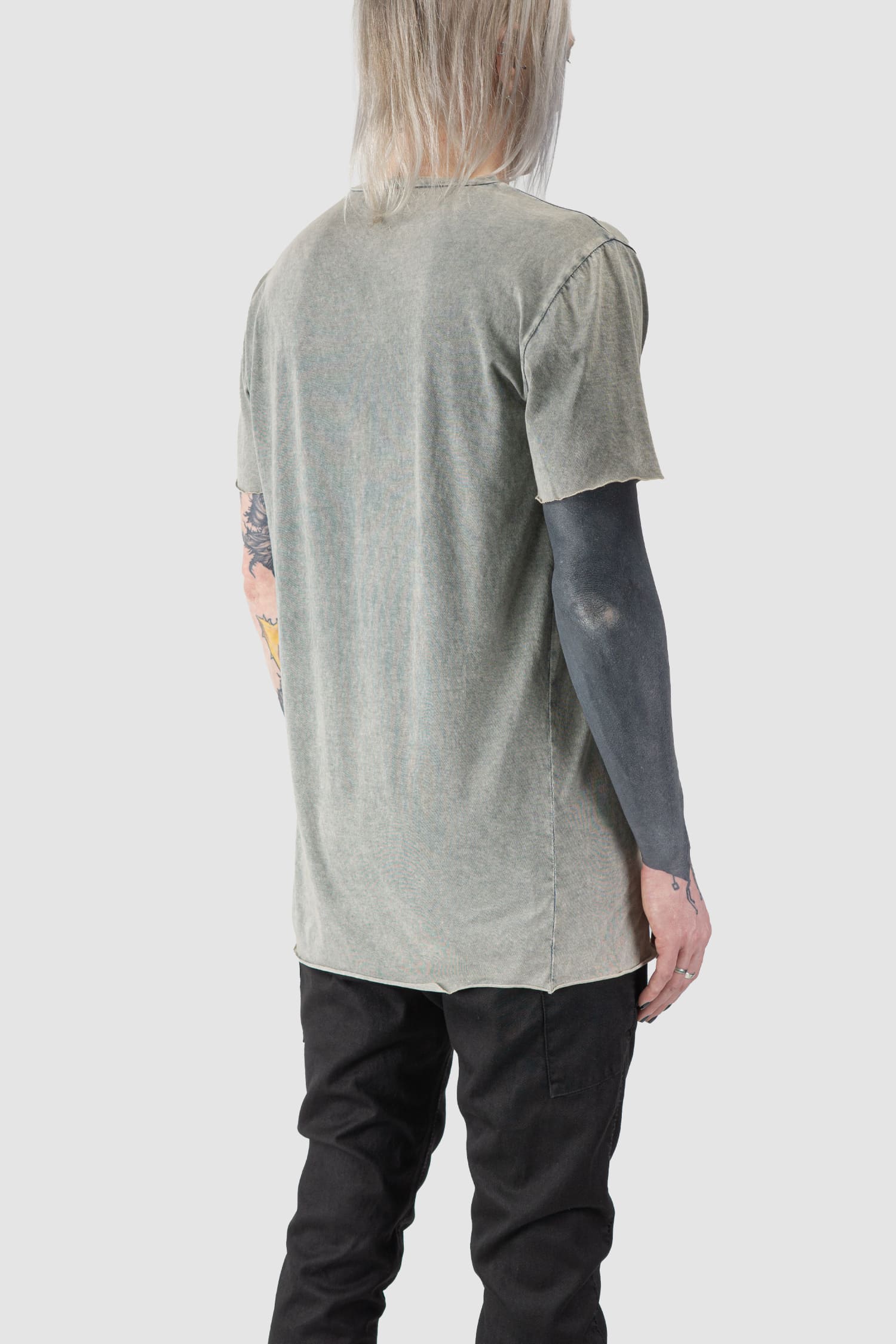 MD75 - back side view of beige Cotton Short Sleeve T-Shirt with Raw Edges