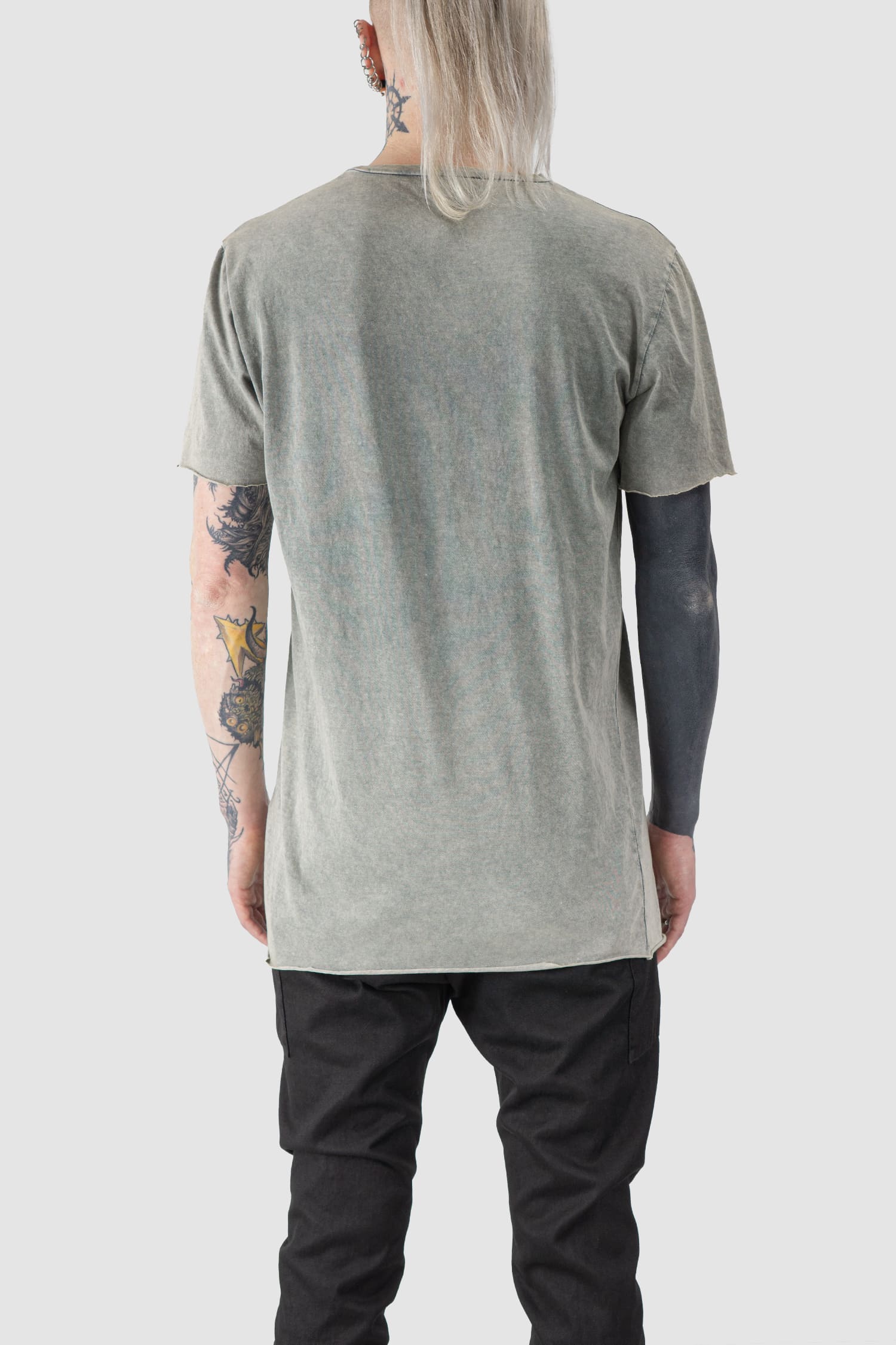 MD75 - back view of beige Cotton Short Sleeve T-Shirt with Raw Edges