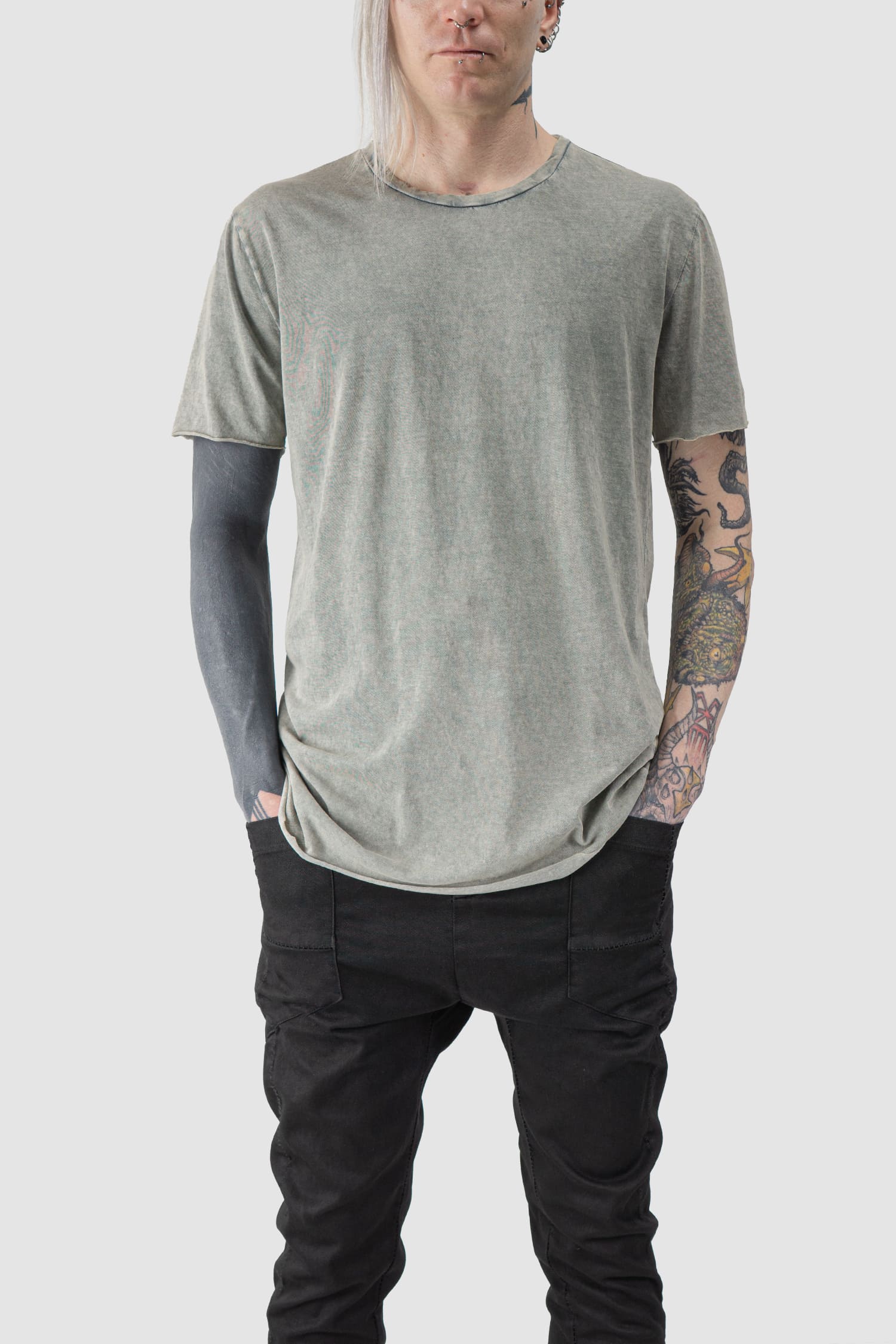 MD75 - relaxed model view of beige Cotton Short Sleeve T-Shirt with Raw Edges