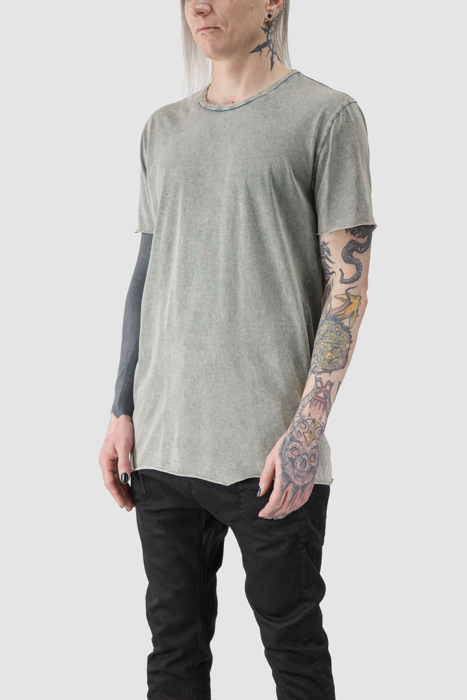 MD75 - front side view of beige Cotton Short Sleeve T-Shirt with Raw Edges