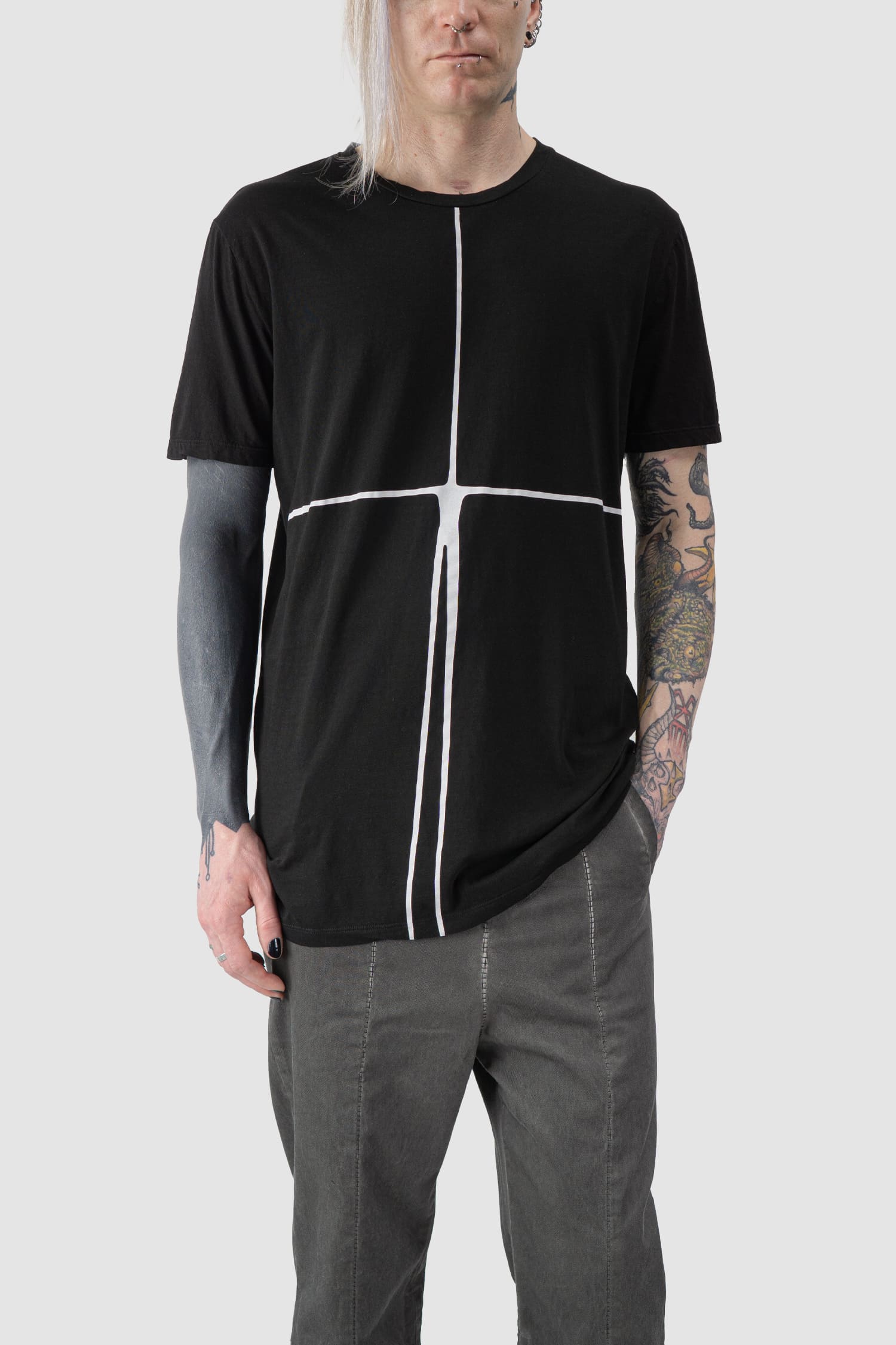 MD75 - model relaxed view of black Cross Graphic Print Cotton T-Shirt