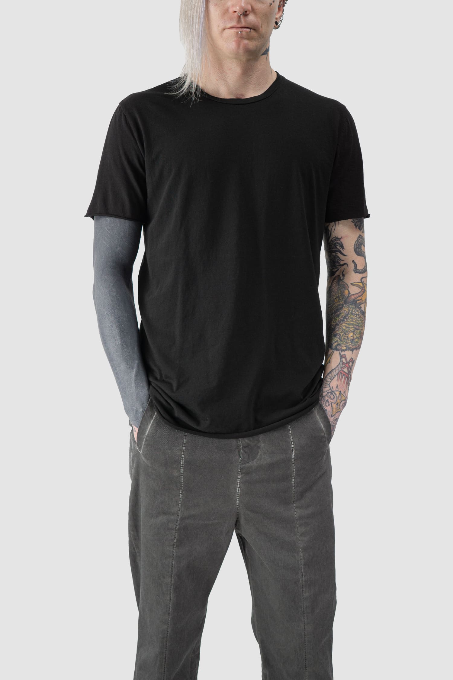 MD75 - relaxed model view of black Light Cotton Slim Fit Short Sleeve T-Shirt