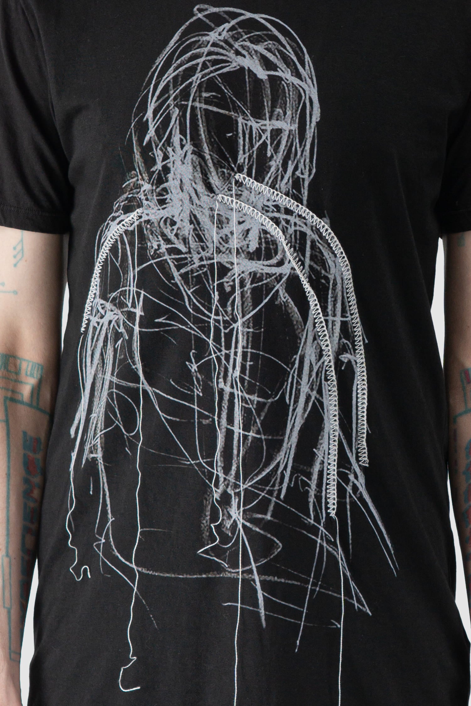 MD75 - front detail view of black Light Cotton T-Shirt with Print and Embroidery