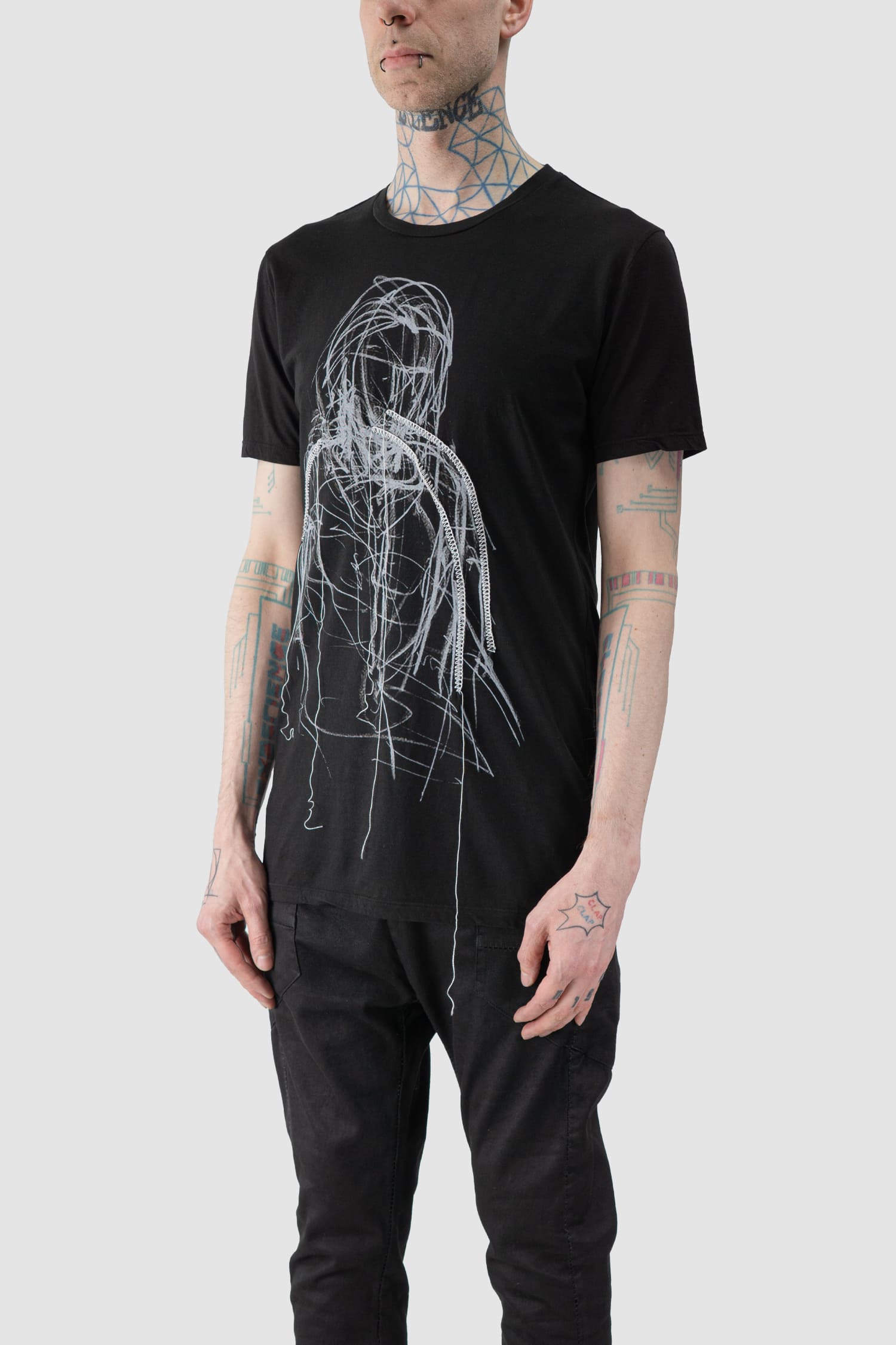 MD75 - front side view of black Light Cotton T-Shirt with Print and Embroidery
