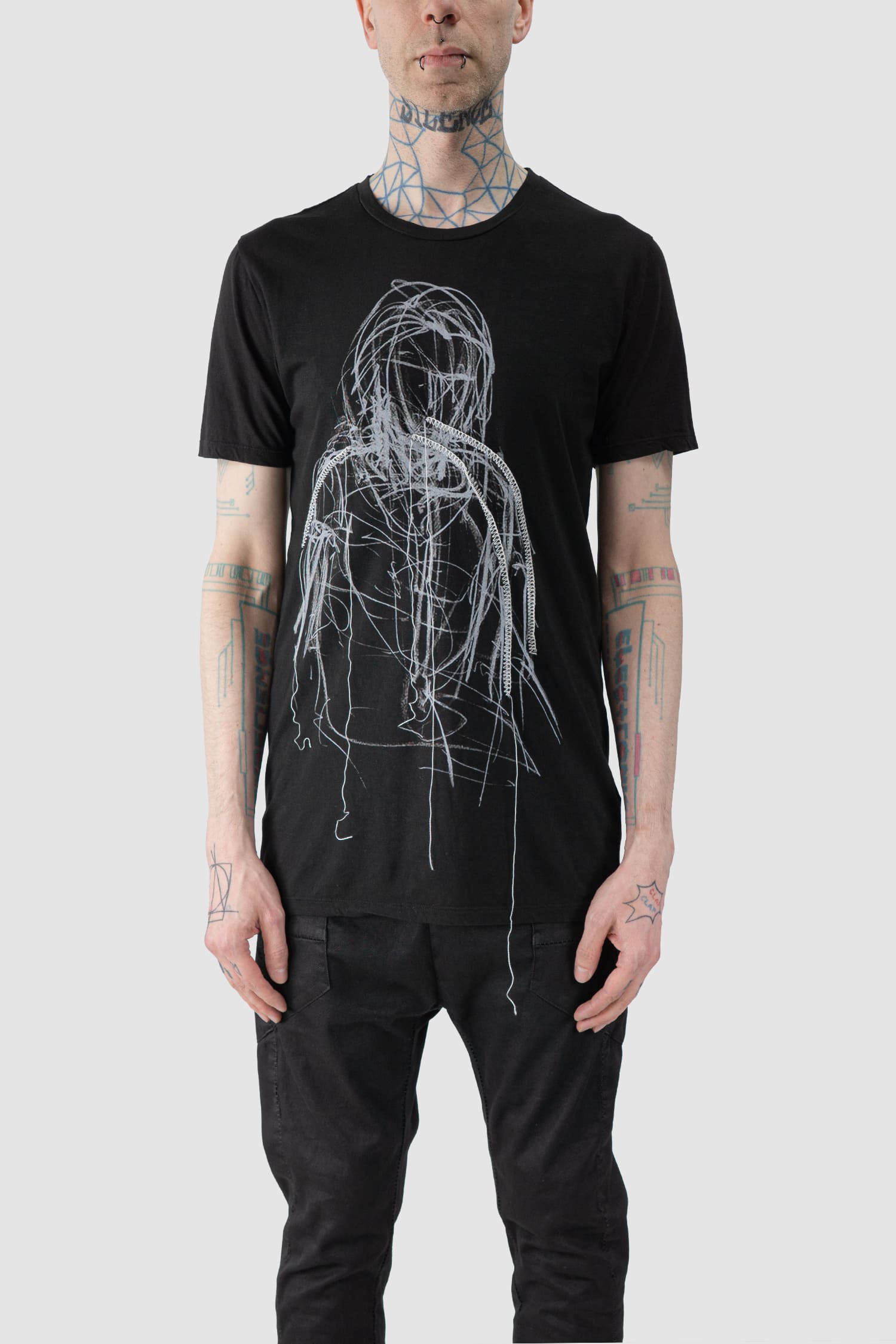 MD75 - front view of black Light Cotton T-Shirt with Print and Embroidery