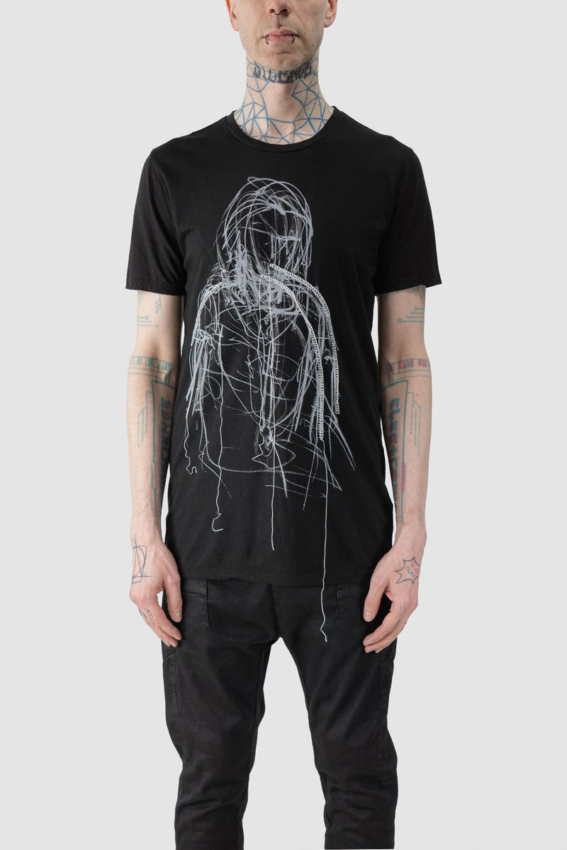 MD75 - front view of black Light Cotton T-Shirt with Print and Embroidery