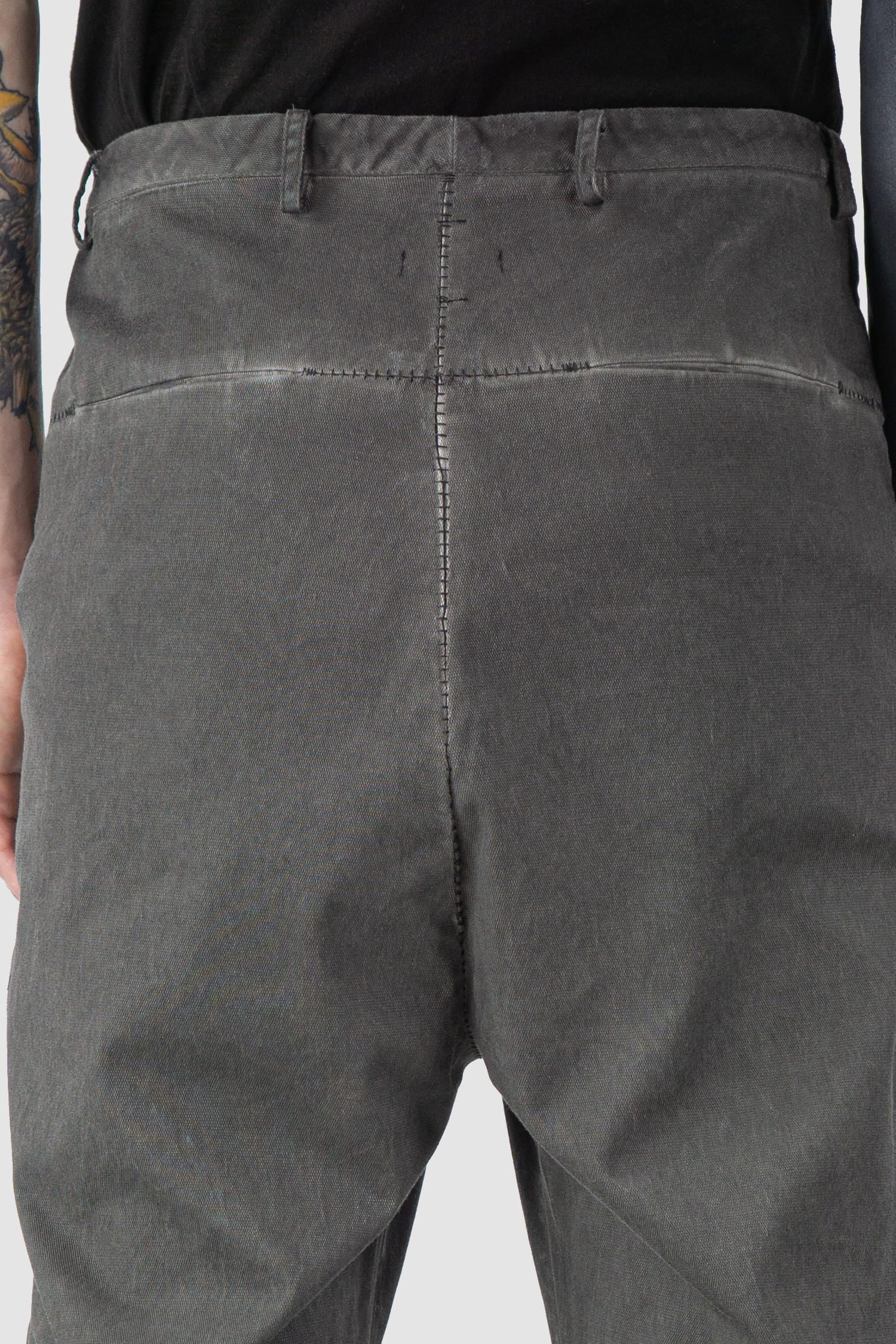 MD75 - back detail view of grey Raffable Low Crotch Stretch Cotton Trousers