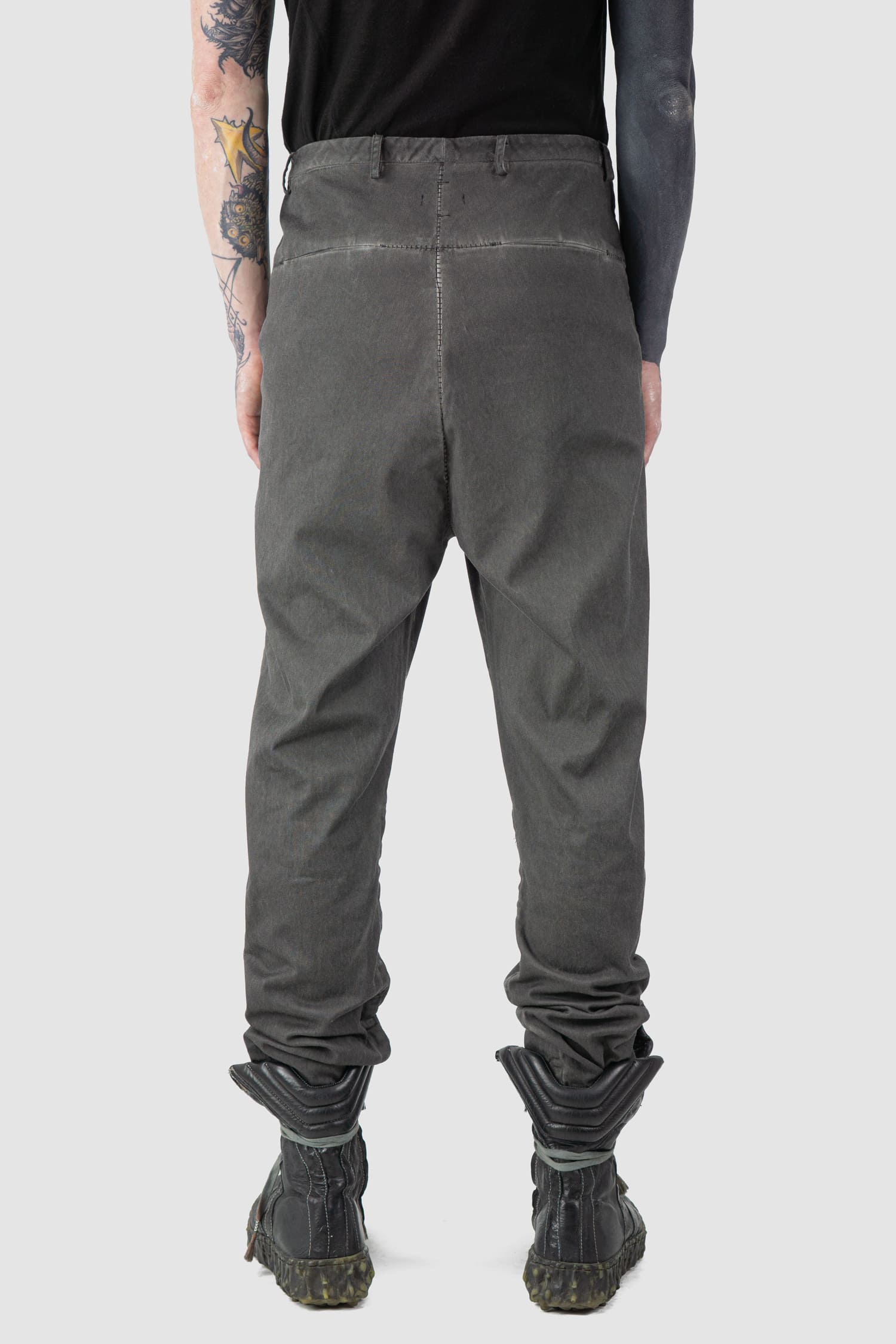 MD75 - back view of grey Raffable Low Crotch Stretch Cotton Trousers