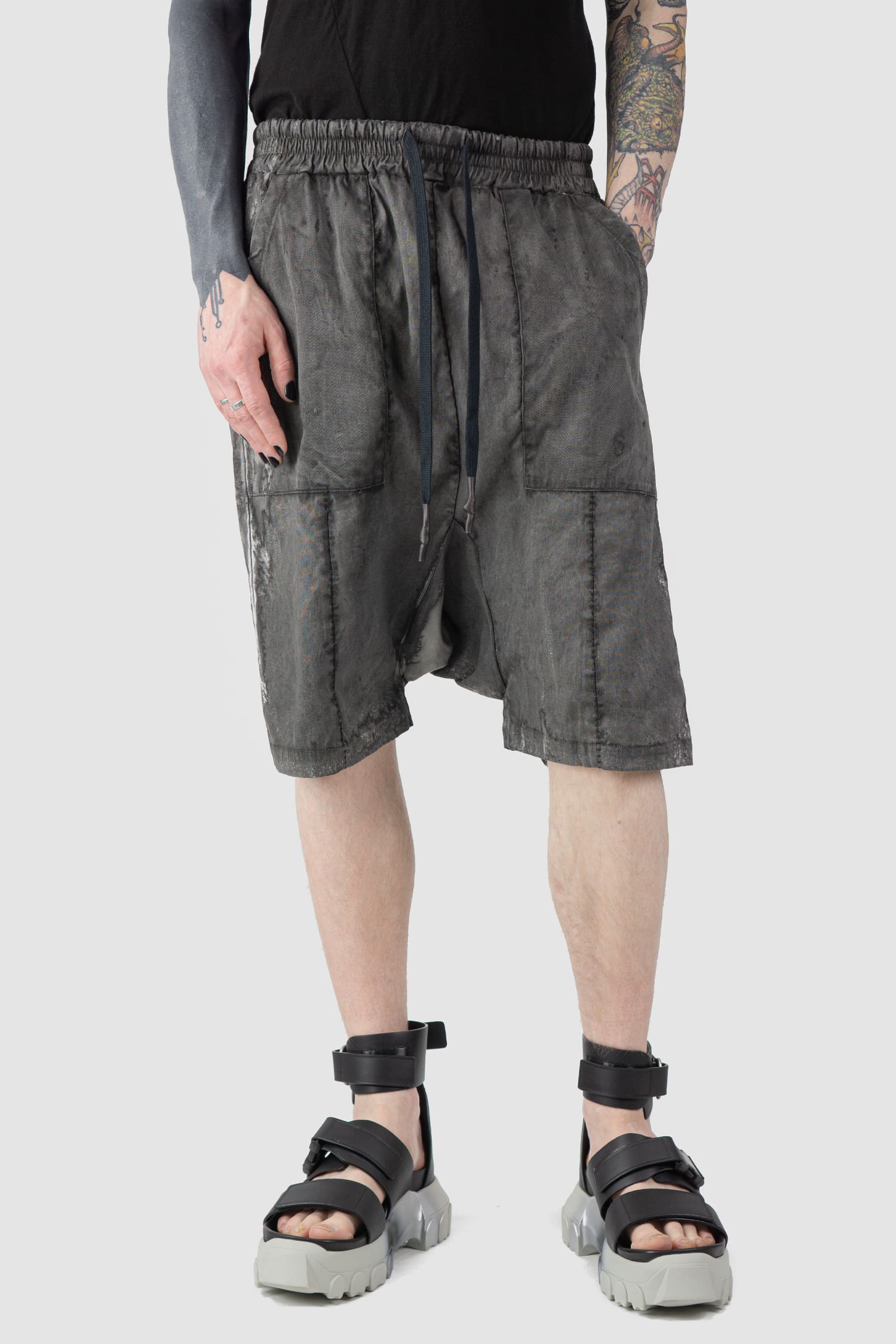 MD75 - relaxed model view of grey Salt Finish Linen Drop Crotch Shorts
