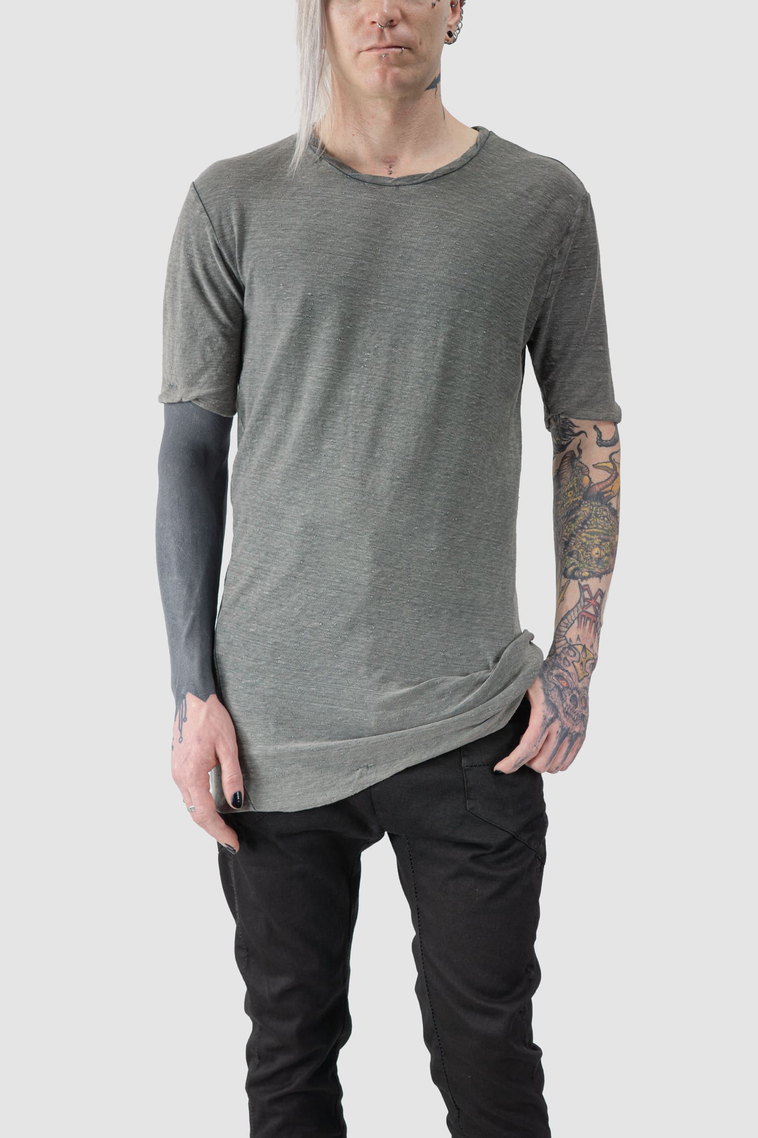 MD75 - relaxed model view of grey Vintage Washed Short Sleeve Cotton T-Shirt