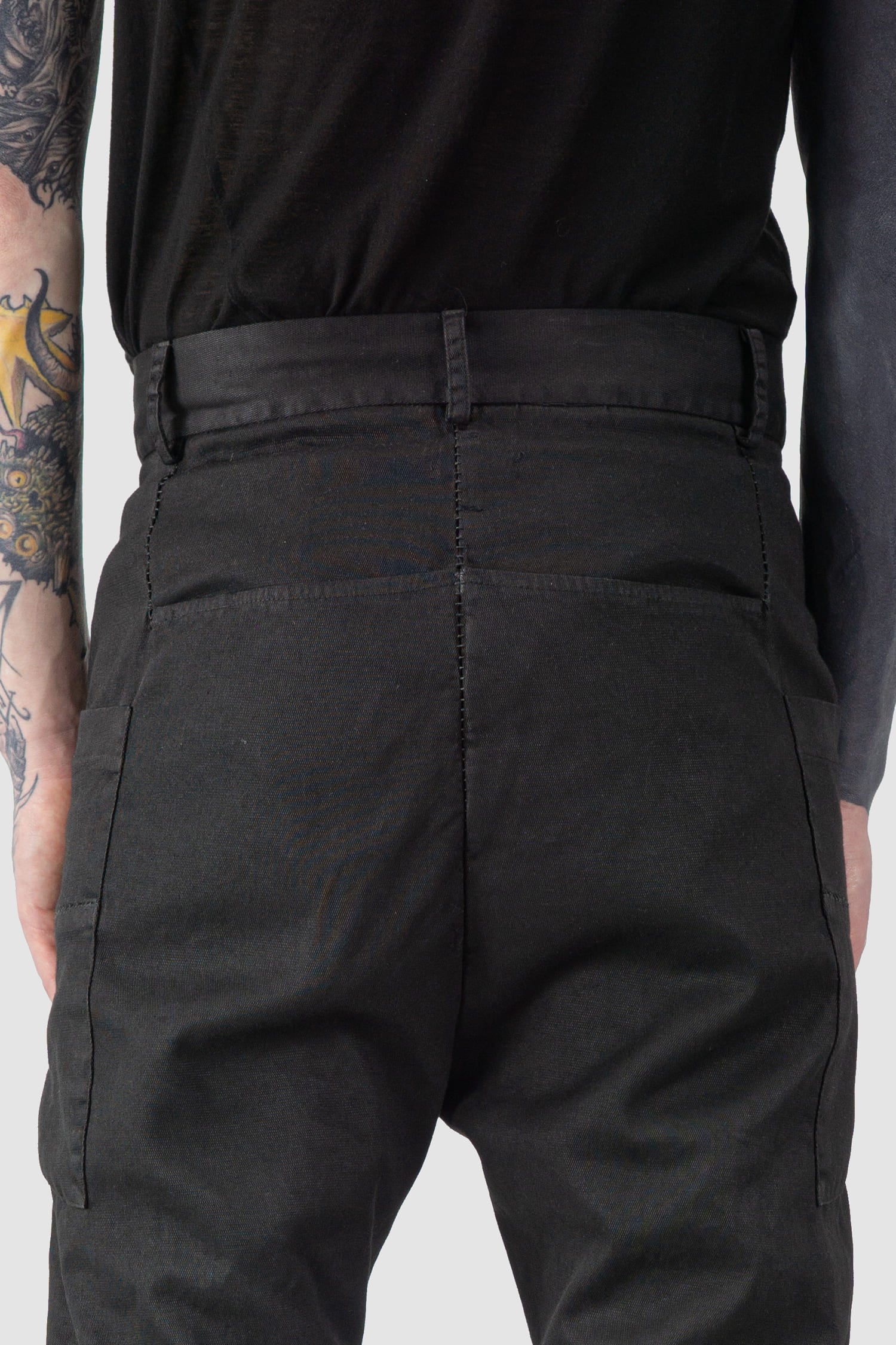 MD75 - back detail view of black Waxed Dropped Crotch Woven Cotton Trousers