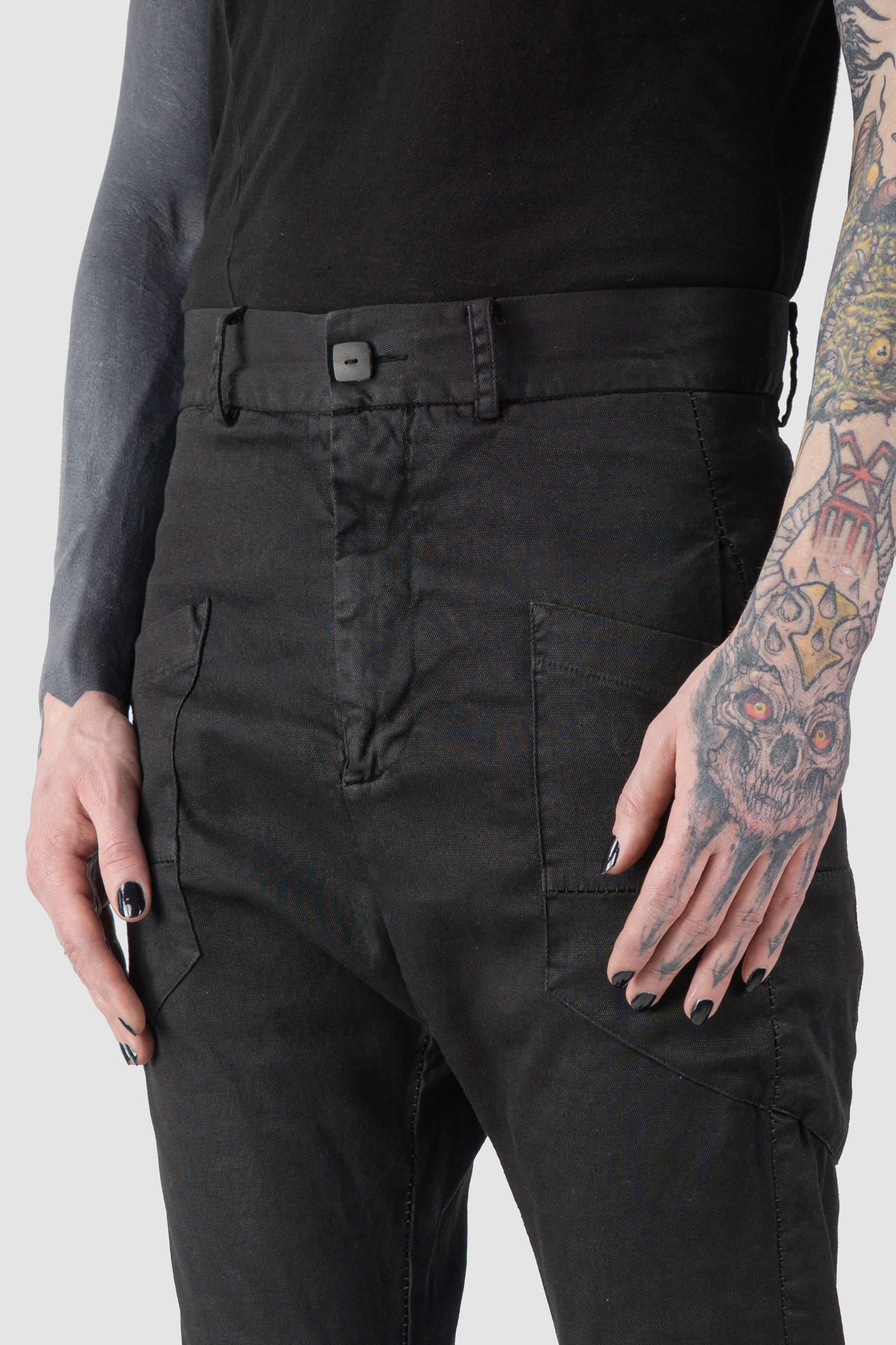 MD75 - front detail view of black Waxed Dropped Crotch Woven Cotton Trousers
