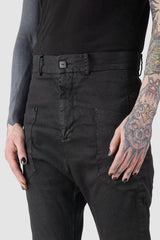 MD75 - front detail view of black Waxed Dropped Crotch Woven Cotton Trousers