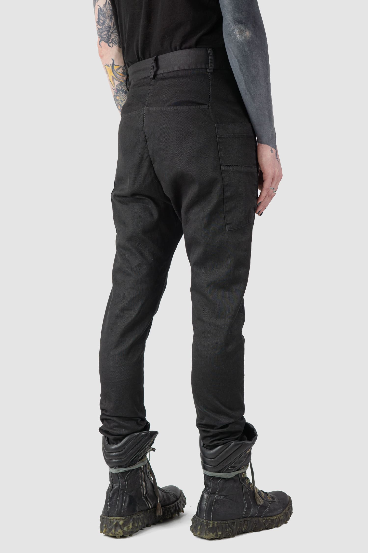 MD75 - back side view of black Waxed Dropped Crotch Woven Cotton Trousers
