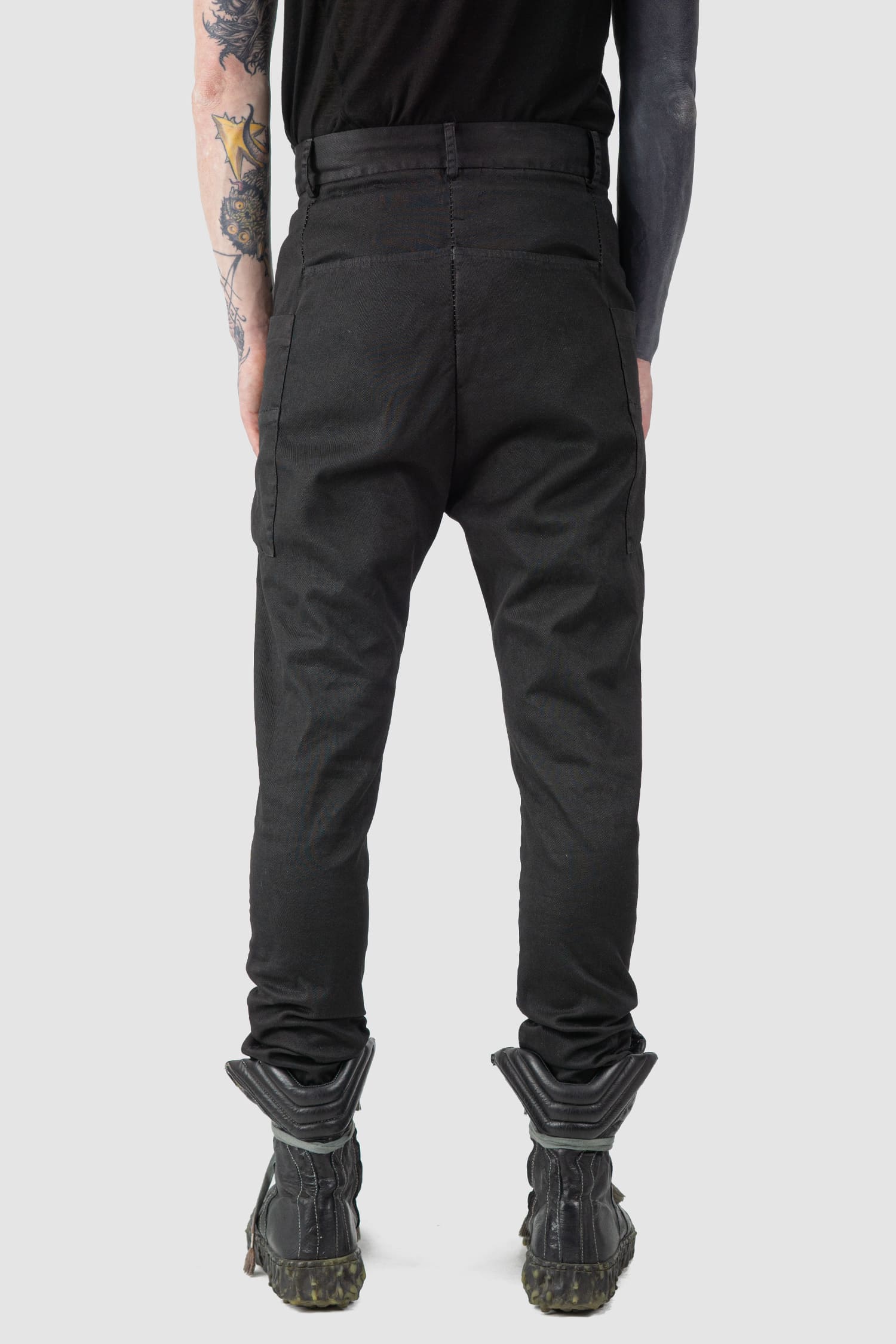 MD75 - back view of black Waxed Dropped Crotch Woven Cotton Trousers