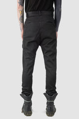 MD75 - back view of black Waxed Dropped Crotch Woven Cotton Trousers