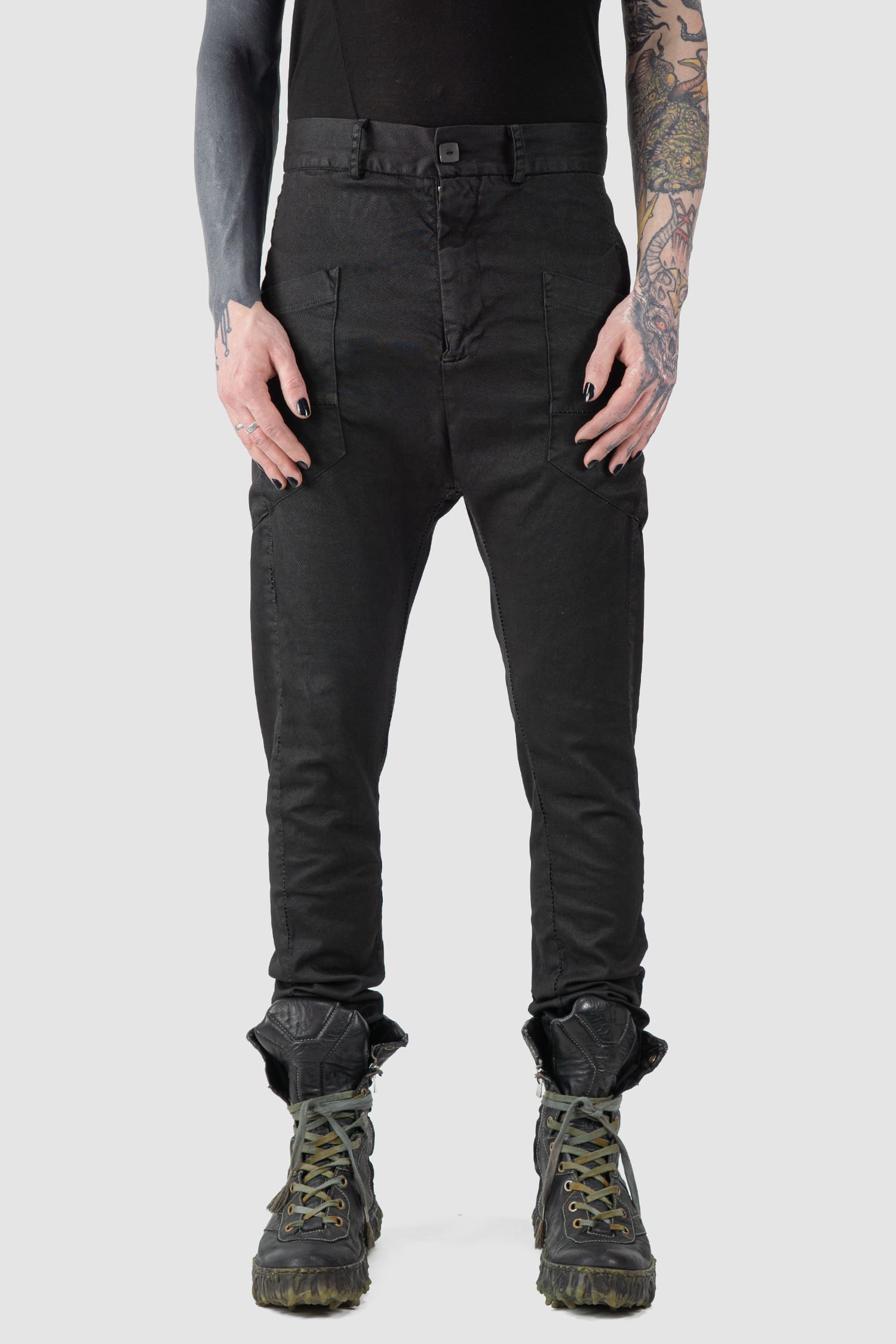 MD75 - front view of black Waxed Dropped Crotch Woven Cotton Trousers
