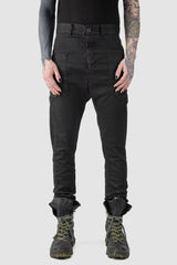 MD75 - front view of black Waxed Dropped Crotch Woven Cotton Trousers