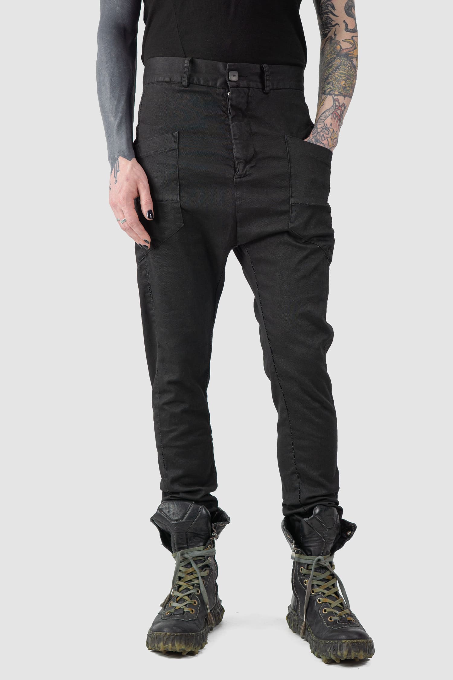 MD75 - relaxed model view of black Waxed Dropped Crotch Woven Cotton Trousers