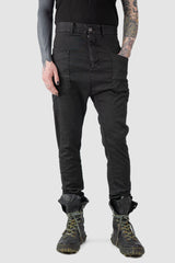 MD75 - relaxed model view of black Waxed Dropped Crotch Woven Cotton Trousers